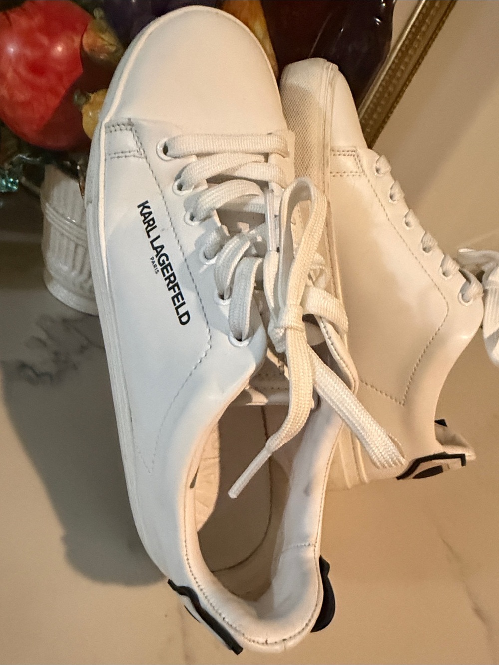 Karl Lagerfeld  White Lace-Up Low-Top Sneakers with Black Heel Tab Like New 71/2